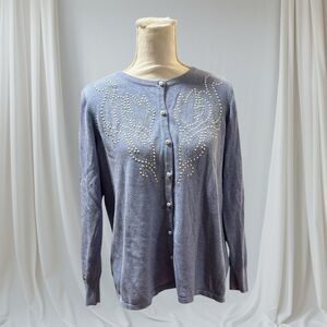 Bob Mackie Cardigan Sweater Light Blue QVC Wearable Art Pearls & Rhinestones M